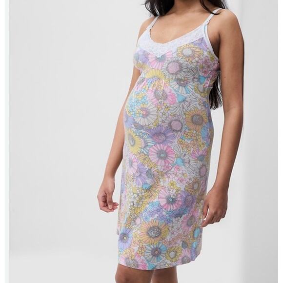 Gap Maternity Modal Floral Nursing PJ Dress Size XL Stretch Snaps Lace Shelf Bra - Picture 1 of 9